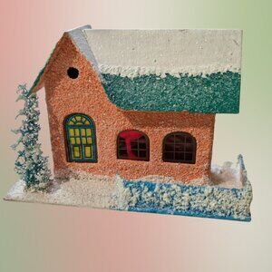 Vintage 1950s Christmas Japanese Putz House Peach Cardboard Cottage